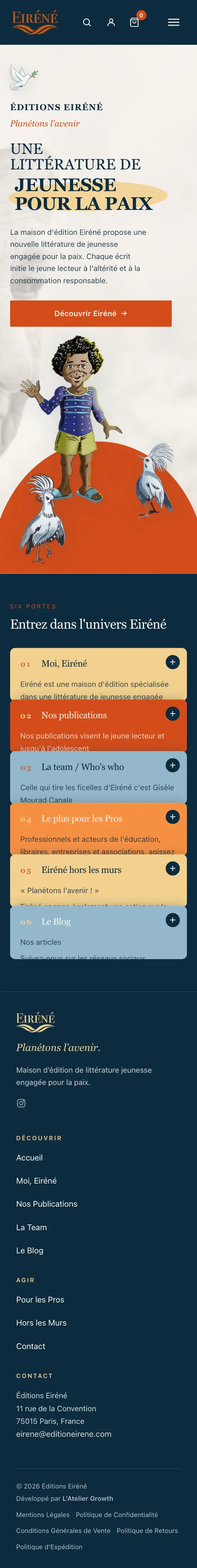 Éditions Eiréné online store, full homepage on mobile
